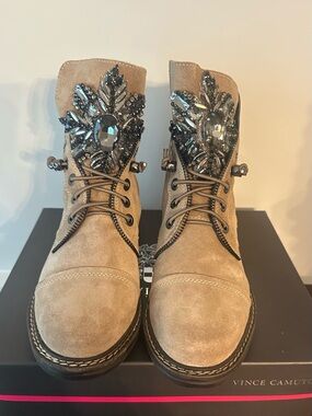 Glam Goth Boho Luxe Beige Suede Lace-Up Ankle Boots with Crystal Embellishment